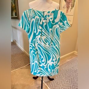 Trina Turk Turquoise and White Cotton and Silk Dress